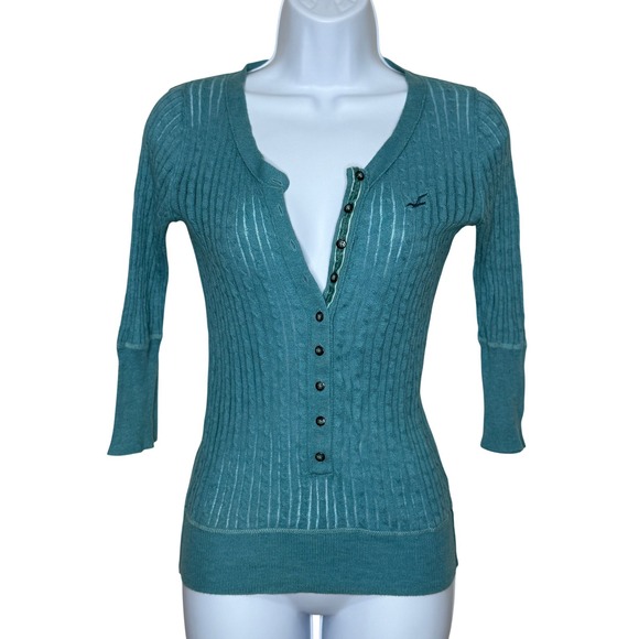 Hollister Tops - Hollister Henley Top  Medium Teal Blue Y2K Ribbed Cable 3/4 Sleeve